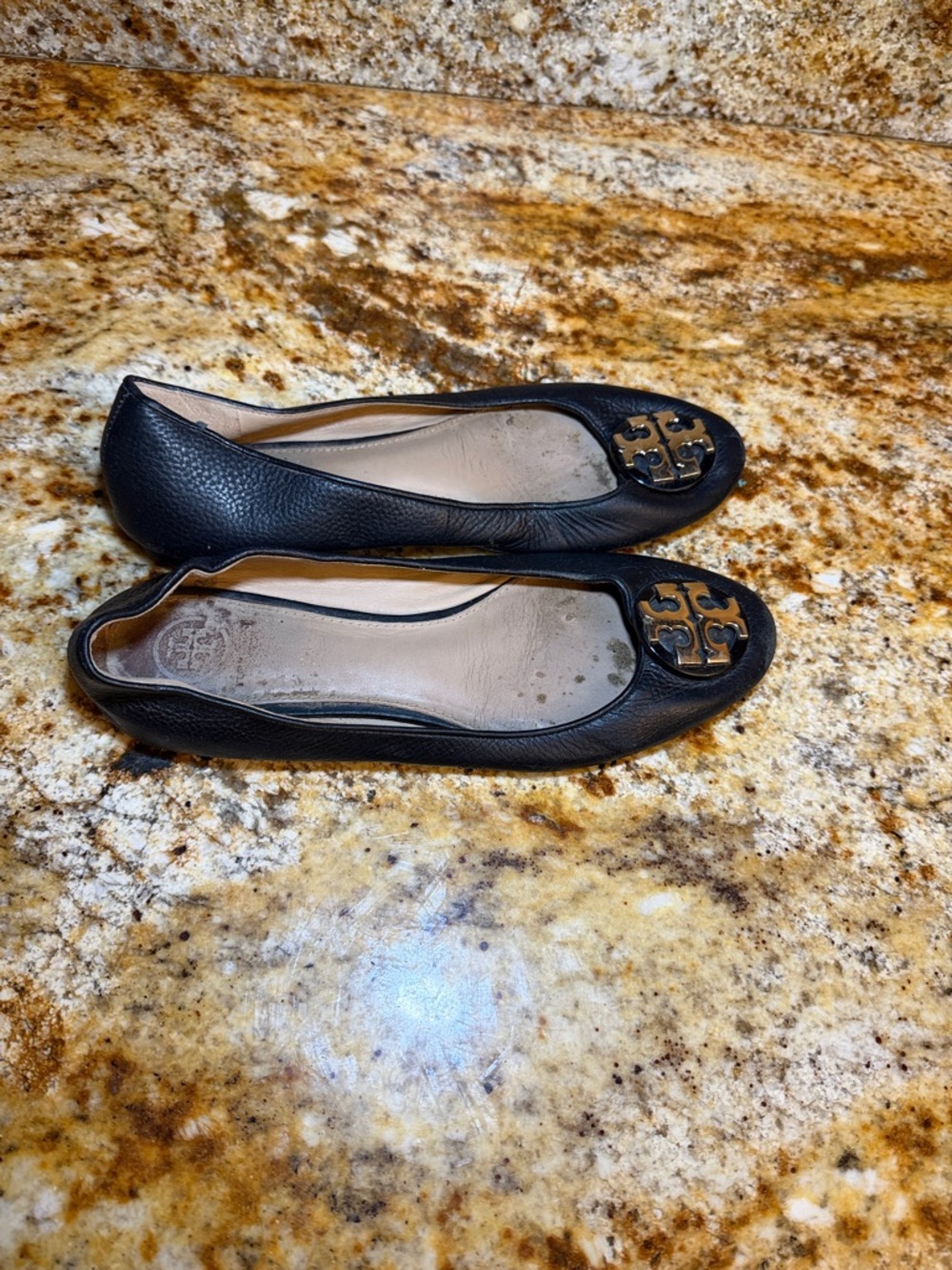 Tory Burch Black Leather Logo Ballet Flats - Picture 2 of 6